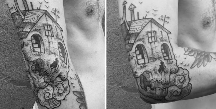 Tattoo of a house transforming when the arm moves, showcasing hidden details on a person's forearm.