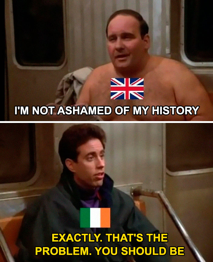 Scene from a comedy show with British and Irish flags, highlighting Irish humor and history in an online post.