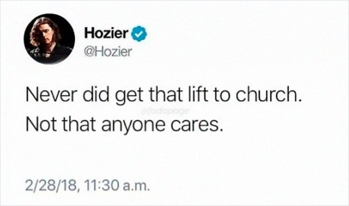 Hozier’s humorous tweet about missing a lift to church, reflecting Irish sense of humor from an online group post.