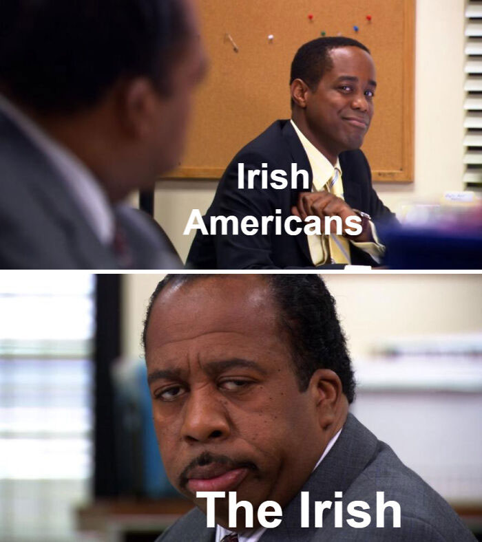 Two men in an office setting with text highlighting Irish humor differences between Irish Americans and the Irish.