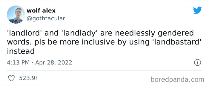 Tweet humorously suggesting using the inclusive term landbastard instead of landlord or landlady, reflecting Irish humor.