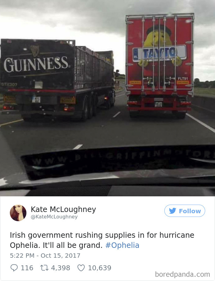 Two trucks on a highway carrying Guinness and Tayto, showcasing humor in Irish culture and online posts about Ireland.