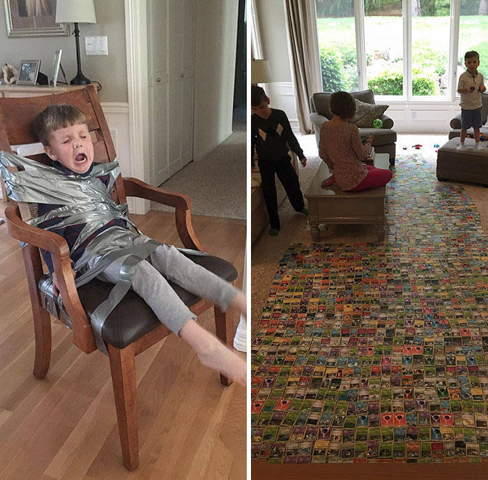 My Two Older Children Were Trying To Lay Out All Of Their Pokémon Cards, But The Youngest Kept Intervening, So They Duct-Taped Him To A Chair