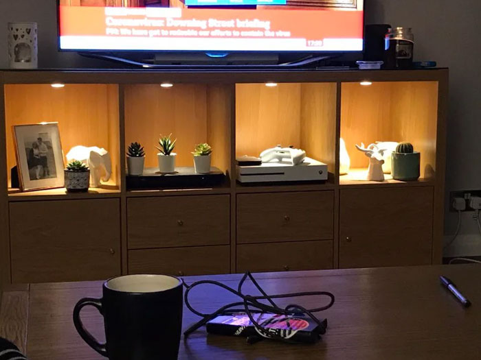 Added A ‘Wooden’ Back To My Kallax TV Stand, Using A Sheet Of Fibre Board And Sticky Backed Wood Effect Film, Makes A Nice Difference I Think