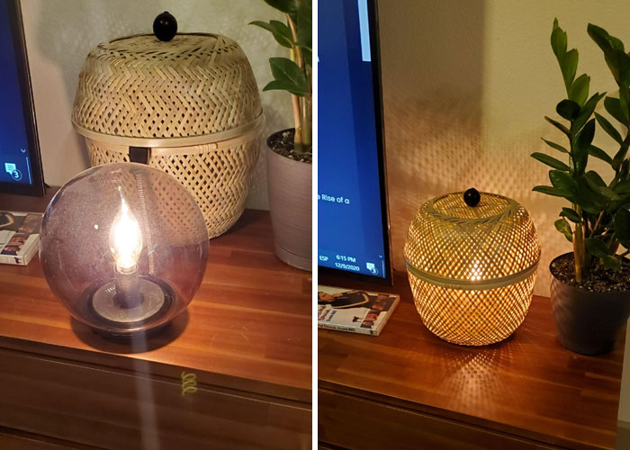 Kind Of Silly, But I'm Proud Of My Ingenuity. The IKEA Lamp (Fado) Was Brighter In Home Than In Store And Hurt To Look At So I Cut A Hole In The Back Of The $5 IKEA Basket I Also Bought (No Product Name Online). Super Cool Mood Light!