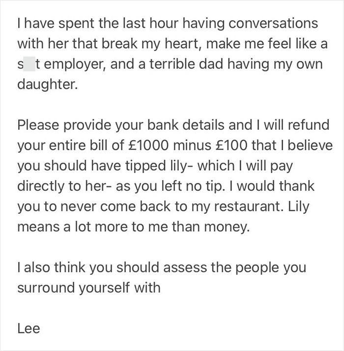 "Never Come Back To My Restaurant": Chef Bans Rude Restaurant Patrons And Gives $1,350 Bill To 22 Y.O. Employee They Disrespected