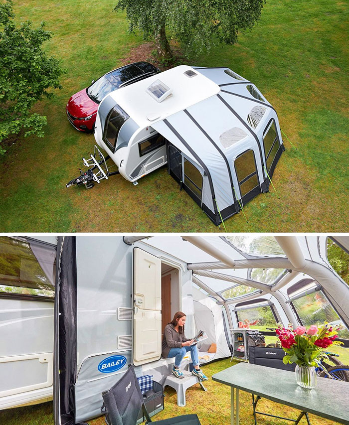 Esta caravana viene con un toldo inflable que mantiene alejados a los bichos