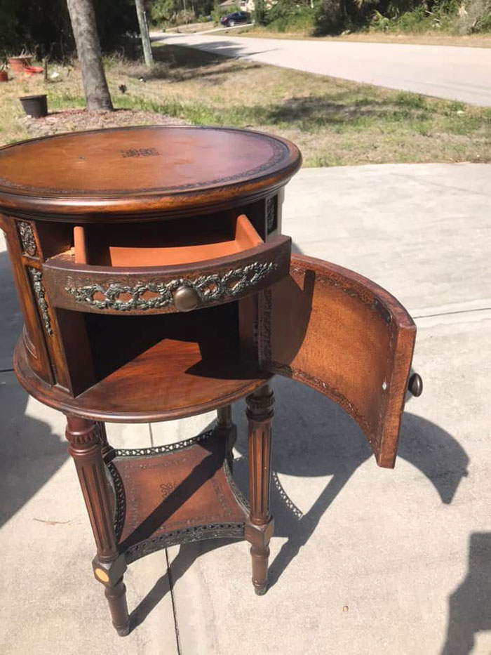 I Bought A Circular Mat That Resembles Sand For The Top…changed Out The Knobs And Put A Lamp And A Couple Of Mermaids On It. Not Sure Yet..but That’s What I Settled On For Now