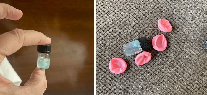 Encontré un pequeño frasco de líquido espeso con una perla dentro. También había 4 cosas de goma para los dedos y todo estaba en un paquete de papel negro sellado. ¿Alguna idea de lo que es?