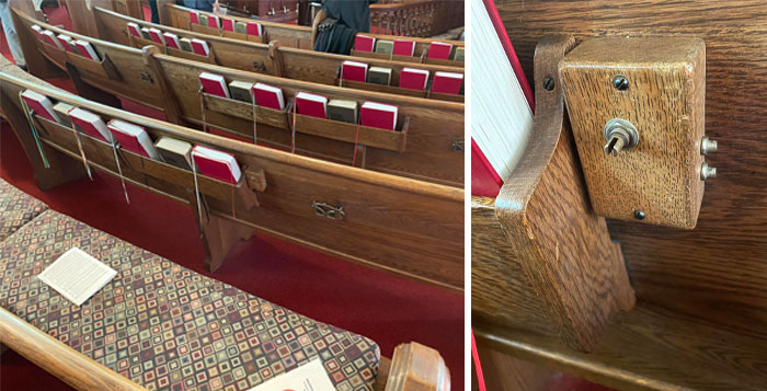 ¿Qué es esta cosa? Una pequeña caja de madera con una especie de dial en la parte delantera que puede girar pero no puede girar más en ciertos puntos. Hay una más en otro banco