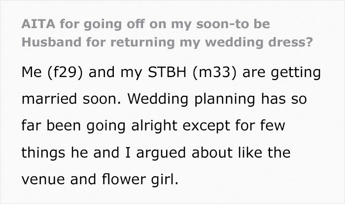 “He Told Me I Should Grow Up”: Man Returns His Future Wife’s Dream Wedding Dress Unbeknownst To Her Because It “Was Wasting Money” “He Told Me I Should Grow Up”: Man Returns His Future Wife’s Dream Wedding Dress Unbeknownst To Her Because It “Was Wasting Money”