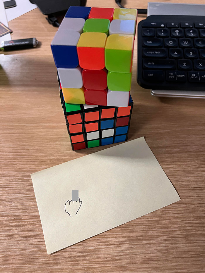 While I Was Away From My Desk, One Of My Coworkers Scrambled My Cubes And Left Me A Nice Little Drawing