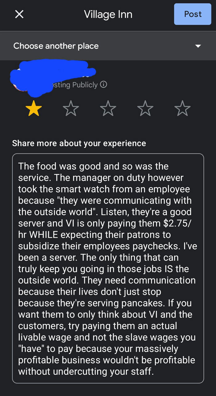 "The Food Was Good And So Was The Service": Customer Leaves A 1-Star Review For This Restaurant Because The Manager Took The Server&rsquo;s Smartwatch Away