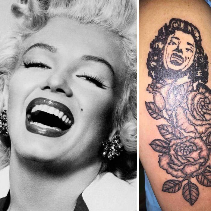Badly-done tattoos side by side with classic black and white photo of smiling Marilyn Monroe with curled hair and roses.