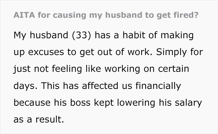 &ldquo;AITA For Causing My Husband To Get Fired?&rdquo;
