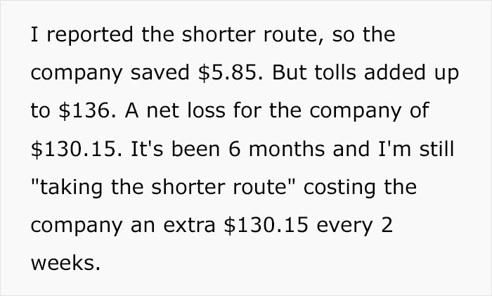Employee Gets Berated For Getting To Work Using The Longer Route, They Maliciously Comply And Take The Way More Expensive Shorter Route With Tolls