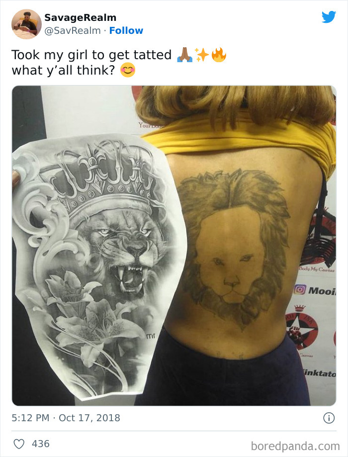 Back tattoo of a lion compared to a detailed lion artwork, highlighting bad tattoos on Instagram.
