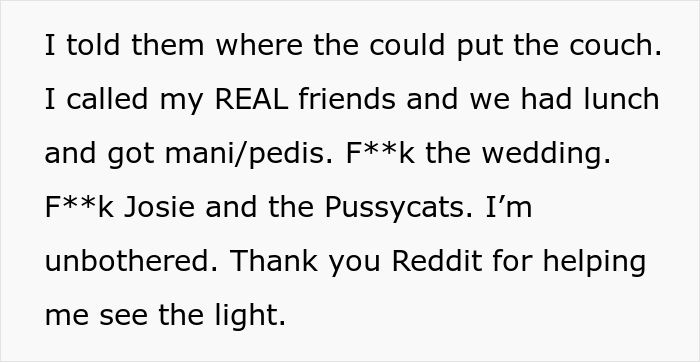 Woman Is Not Given Bridesmaid Duties And Has To Sleep On The Couch At Friend&rsquo;s Wedding So She Asks If She&rsquo;s Right For Not Wanting To Pay For Lodging