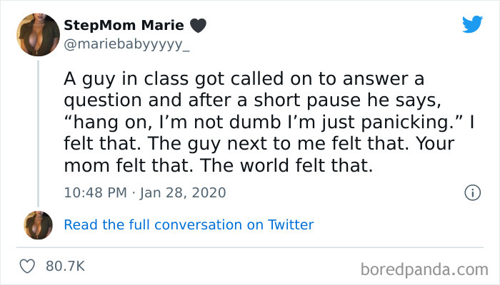 Tweet about a classmate panicking and feeling relatable, illustrating humor from Introvert Nation memes.