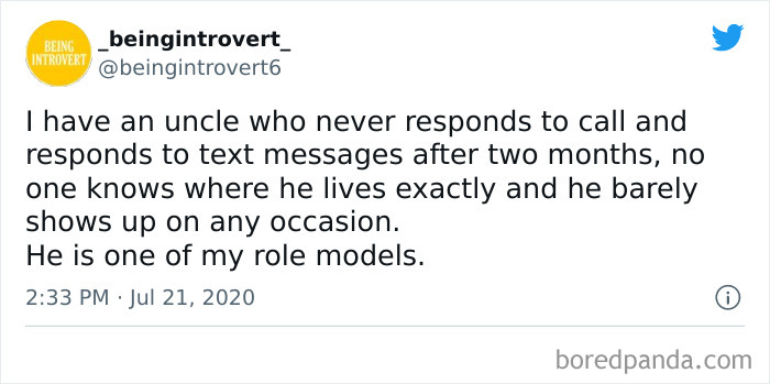 Tweet from introvert humor page describing an uncle who rarely responds to calls, highlighting relatable introvert behavior.