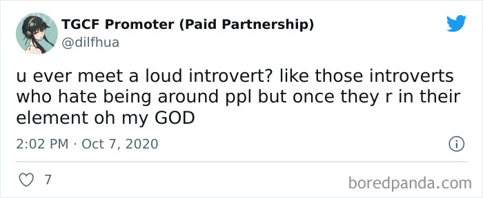 Tweet showing a relatable introvert meme about loud introverts enjoying their element, highlighting introvert nation humor.