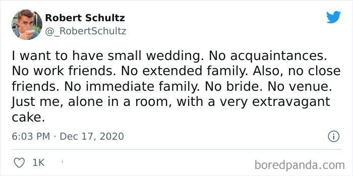 Tweet from Robert Schultz humorously describing an introvert's ideal small wedding with no guests or extended family.