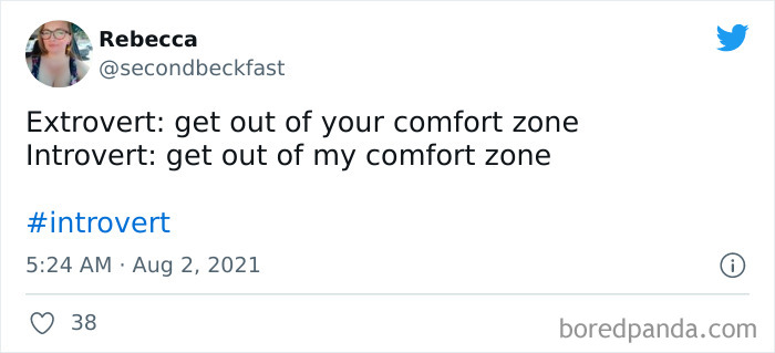Tweet from user Rebecca humorously comparing extrovert and introvert comfort zones, highlighting introvert nation memes.