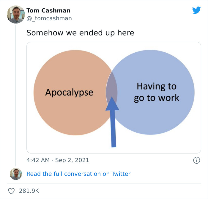 Funny Venn diagram showing overlap between "Apocalypse" and "Having to go to work".