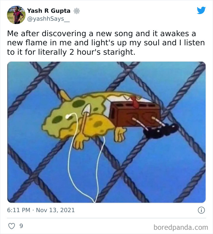 SpongeBob lying on a net with earphones, representing a relatable moment from Introvert Nation memes on Instagram.