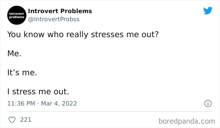 Tweet from Introvert Problems page humorously describing how introverts stress themselves out, reflecting introvert nation memes.