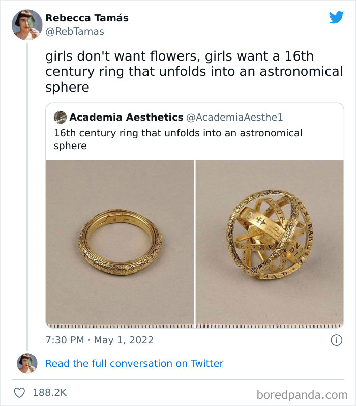 Tweet from Introvert Nation showing a humorous conversation about a 16th century ring that unfolds into an astronomical sphere.