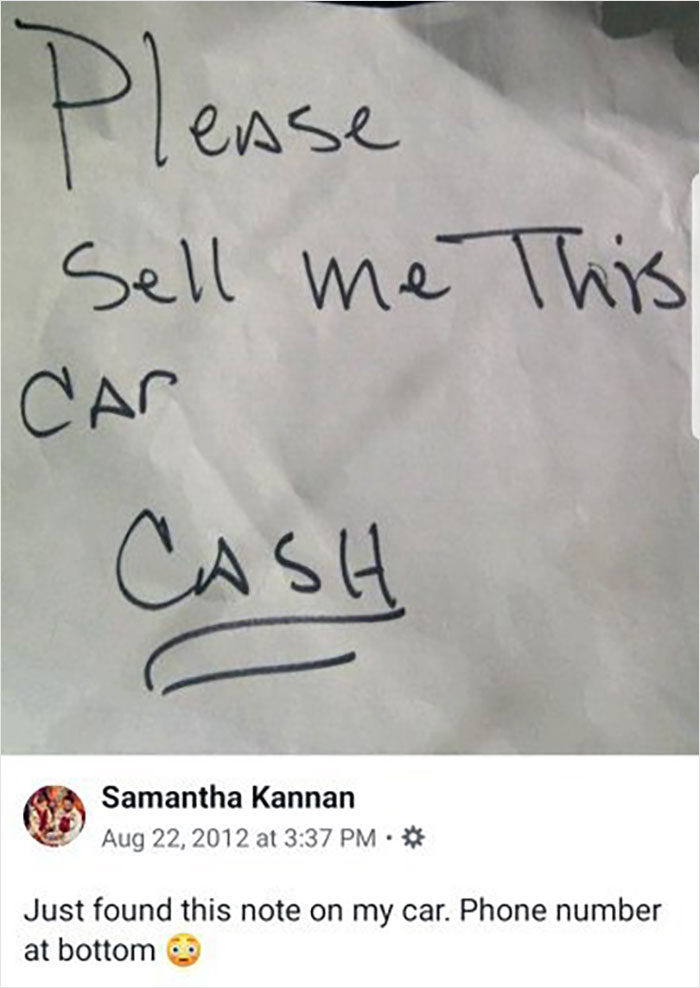 Handwritten windshield note requesting to sell car for cash, one of the most startling windshield notes found.