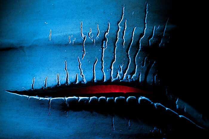 Close-up abstract photography showing c*****d blue paint with a deep red highlight, capturing the rich diversity of life on earth.