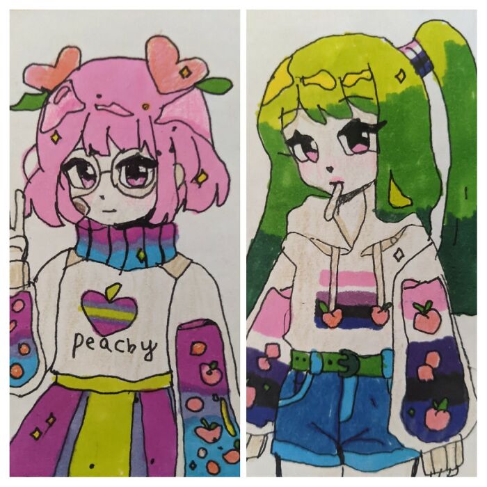 I Found The Character On Google And Traced Them. The One On The Left Os The Bisexual+trigender Flag And On The Right Is The Genderfluid Flag