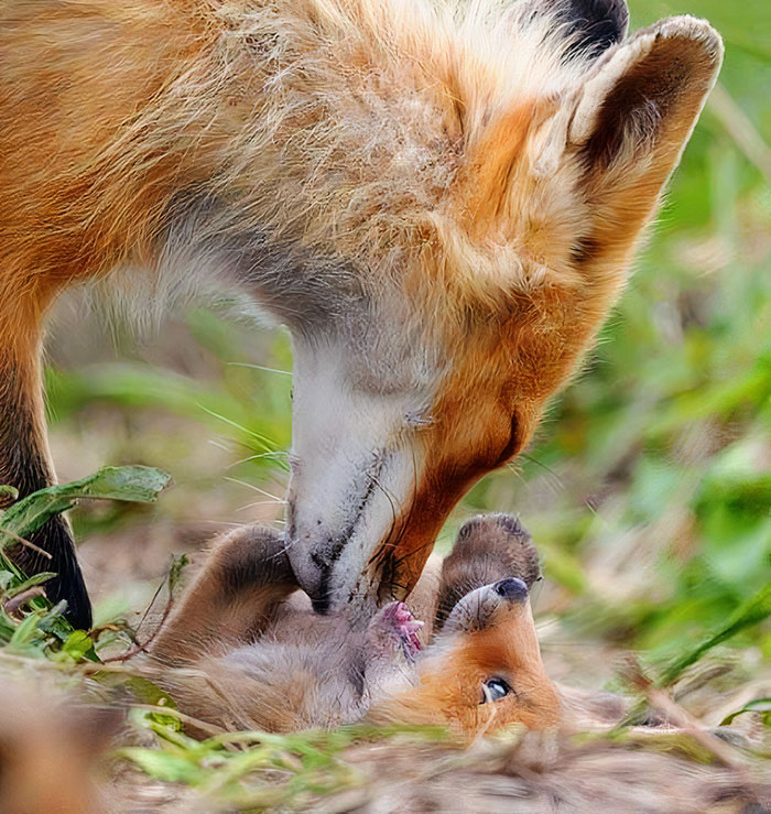 A cute fox nuzzling its playful cub in a grassy field, showcasing their furry, adorable interaction.