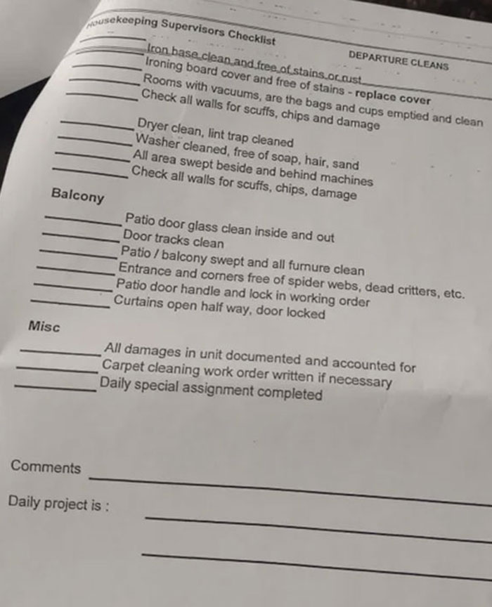 Housekeeper Getting $12/Hour Receives A Checklist With 85 Tasks She Has To Complete In An Hour To Not Get Fired