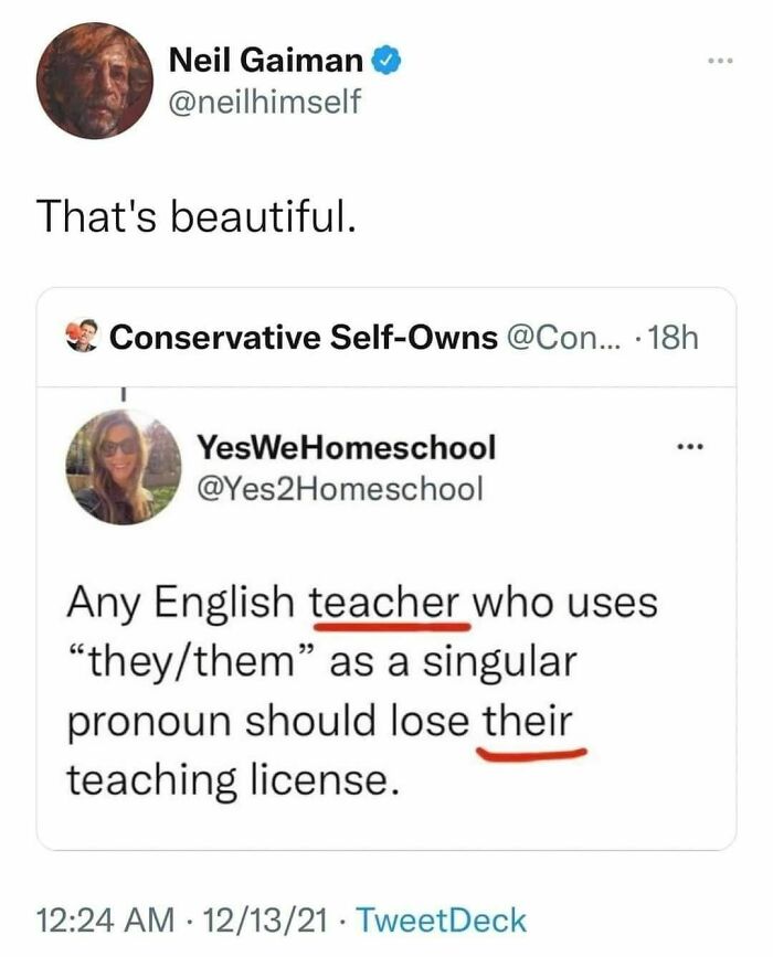 Neil Gaiman reacts humorously to a tweet about singular "they/them" usage from a teacher.