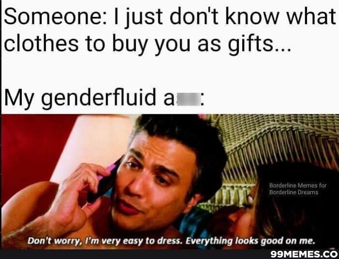 Genderfluid meme joke about clothes and confidence; person on phone saying everything looks good on them.