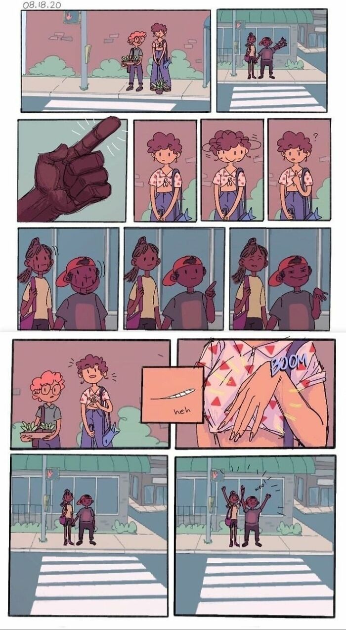 Comic featuring an LGBTQ+ joke with characters crossing a street celebrating a hidden punchline.