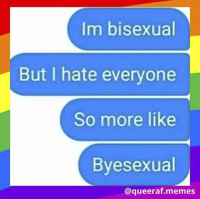 LGBTQ+ meme with text: "I'm bisexual, but I hate everyone, so more like byesexual," on a rainbow background.