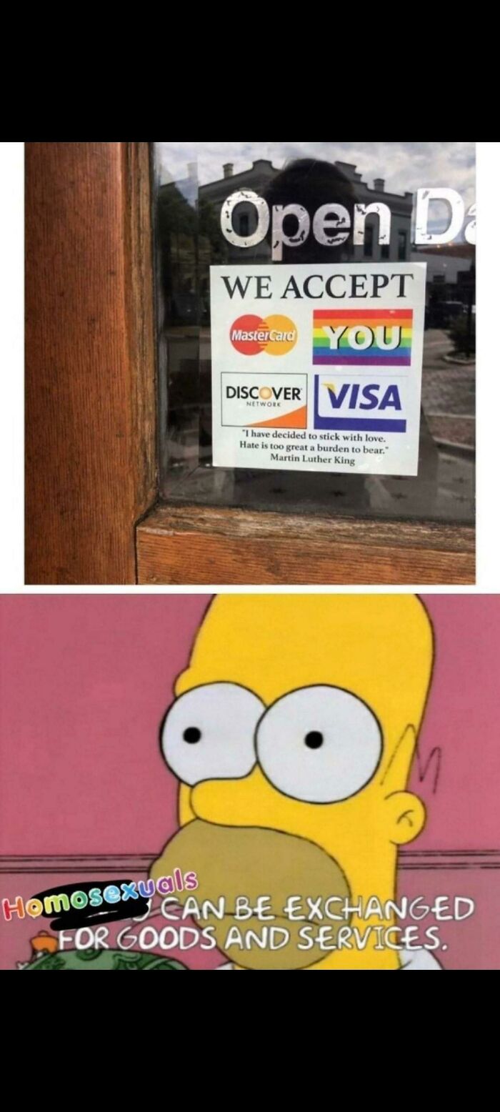 LGBTQ+ meme with a sign accepting credit cards and a cartoon character saying "Homosexuals can be exchanged for goods."