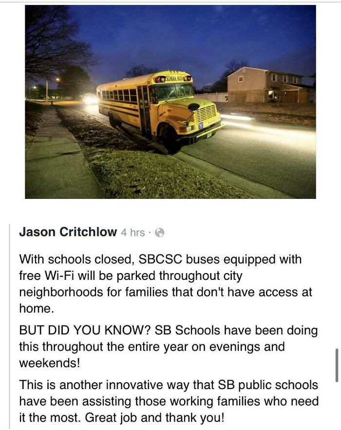 After A Local School District Closed, They Parked Their WiFi Equipped School Buses In Areas Where Students Lack Internet, Acting As Free Hotspots