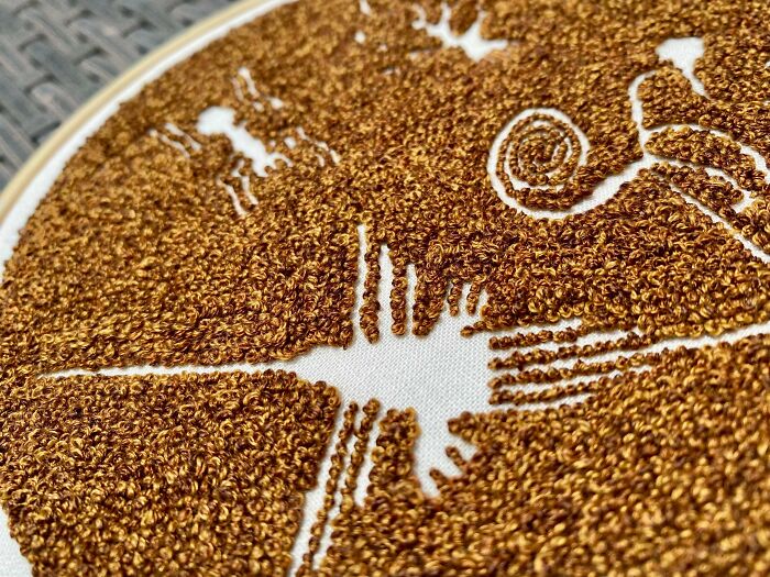 Nazca Lines, Soooo Many French Knots Because I Wanted The Figures Sunken (Like The Real Ones In Peru’s Pebbly Desert Floor)