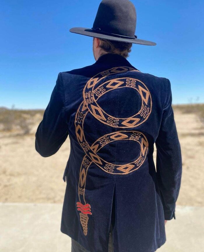 Custom Chain-Stitched Rattlesnake On A Blue Velvet Jacket