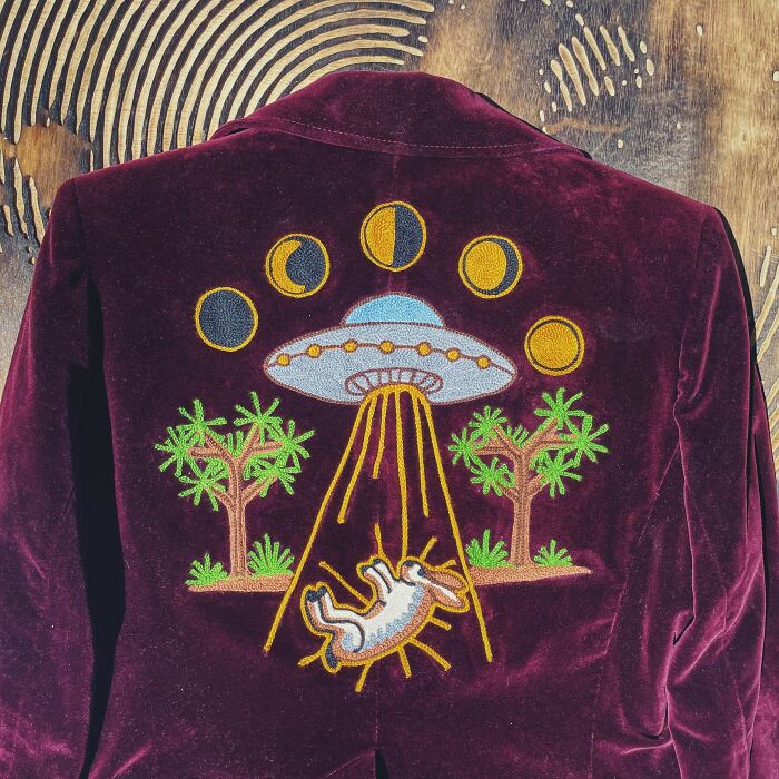 Jackrabbit Abduction! A Full-Back Design Chainstitched On A Purple Velvet Jacket