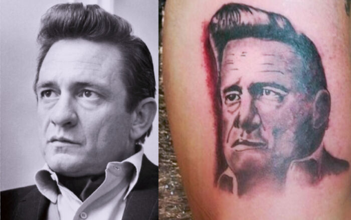 Poorly-done tattoo of a man's portrait next to the original photo, highlighting tattoo fail.