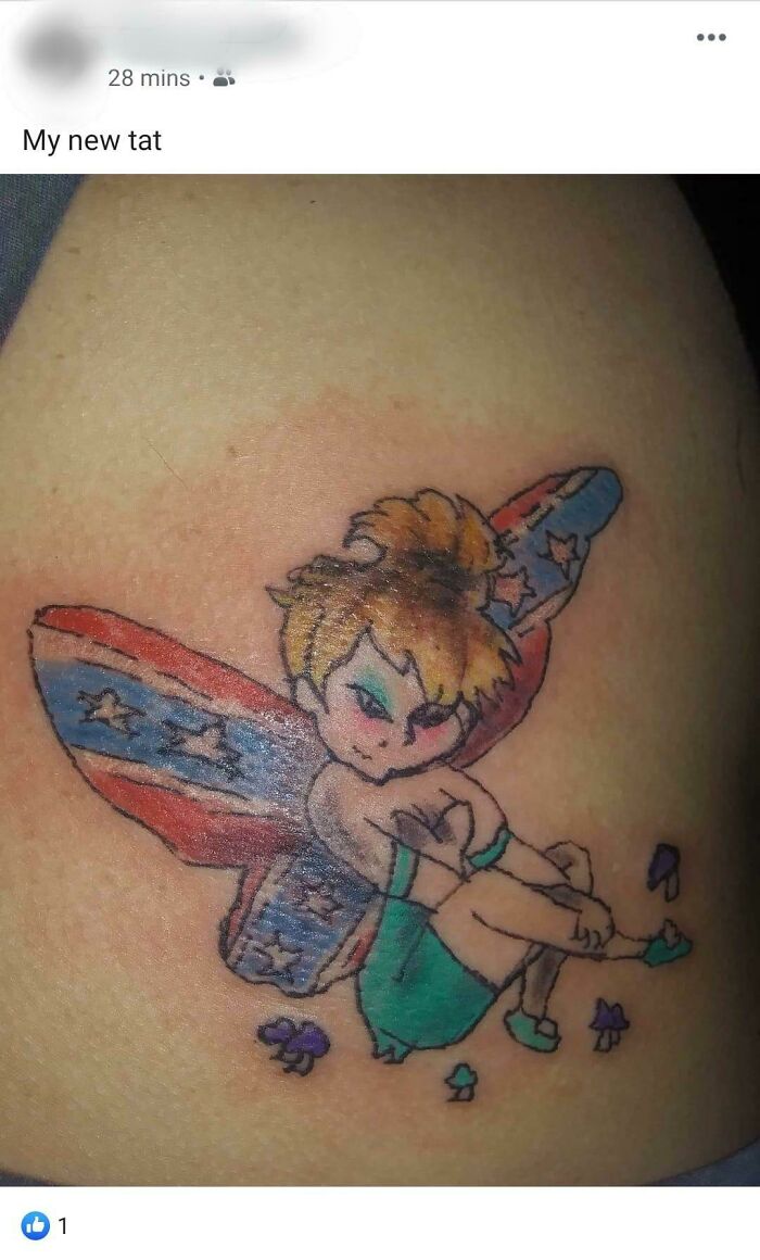 A poorly done fairy tattoo with colorful wings on skin, featured in an online group for bad tattoos.