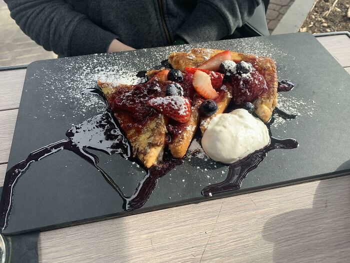 French Toast On A Flat Slab. The Server Was Dripping Syrup All The Way To The Table. Then It Kept Leaking On The Table