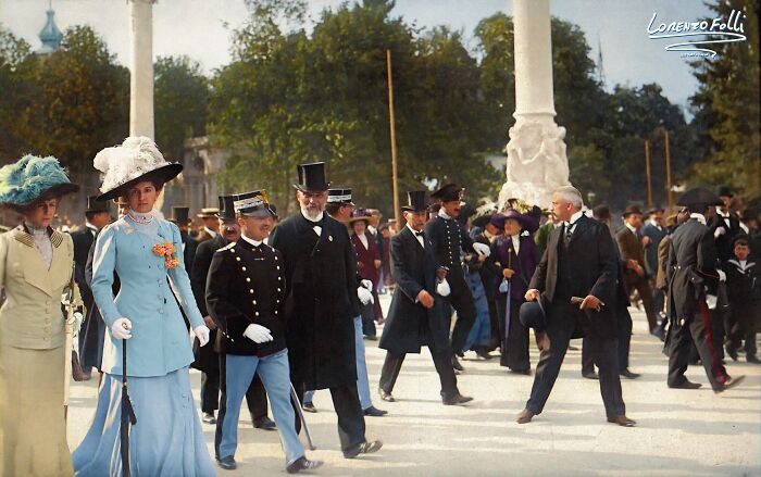 Rare Image Of King Vittorio Emanuele III Of Savoy With His Wife Elena Visiting The Turin International Exposition 1911.