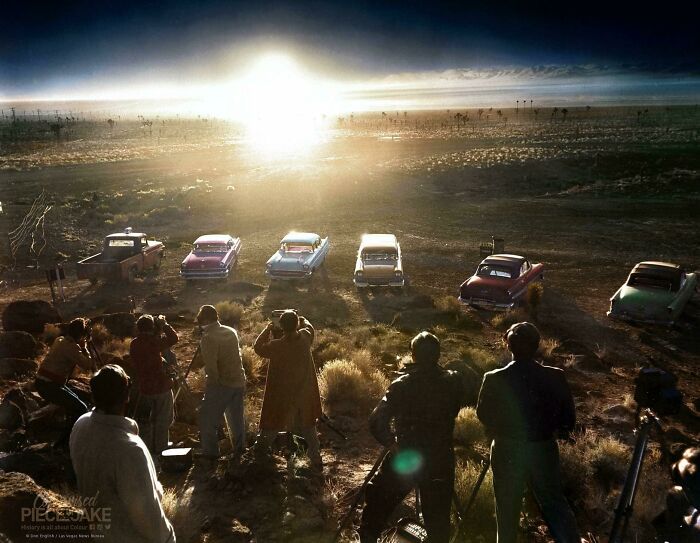 Photographers And Reporters Observe An Atomic Explosion In The Distance. Mushroomclouds Could Be Seen Up To 100 Miles Away In The Distance. This LED To Increased Tourism For Lasvegas, And Throughout The 1950s And Early 1960s The City Capitalized On This Interest.